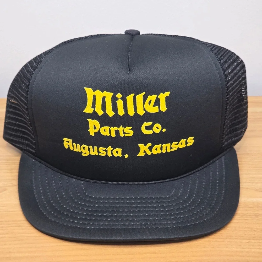 Vintage Winner Miller Parts Co Kansas Trucker Hat Mens OSFA Black Snapback Mesh